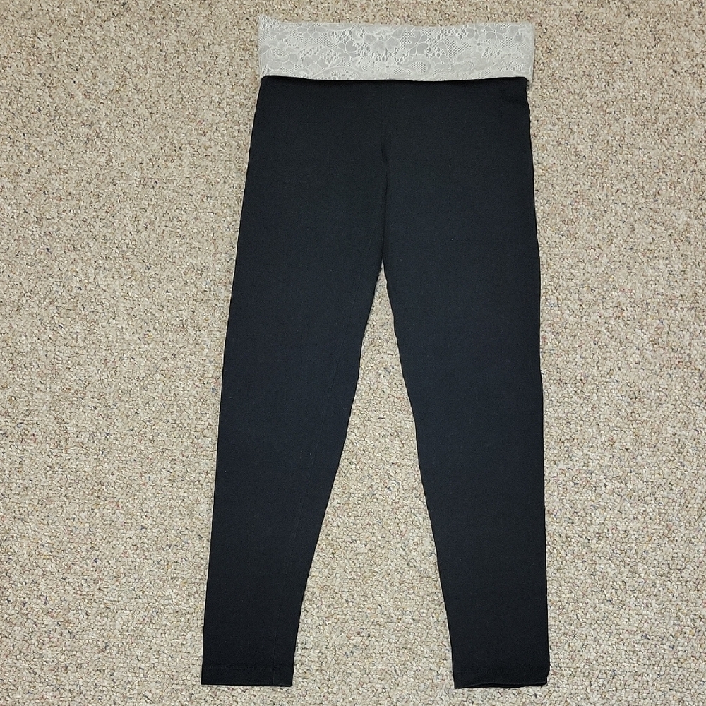 PINK Y2K Victoria's Secret Black Leggings with Grey foldover Lace Waist Small